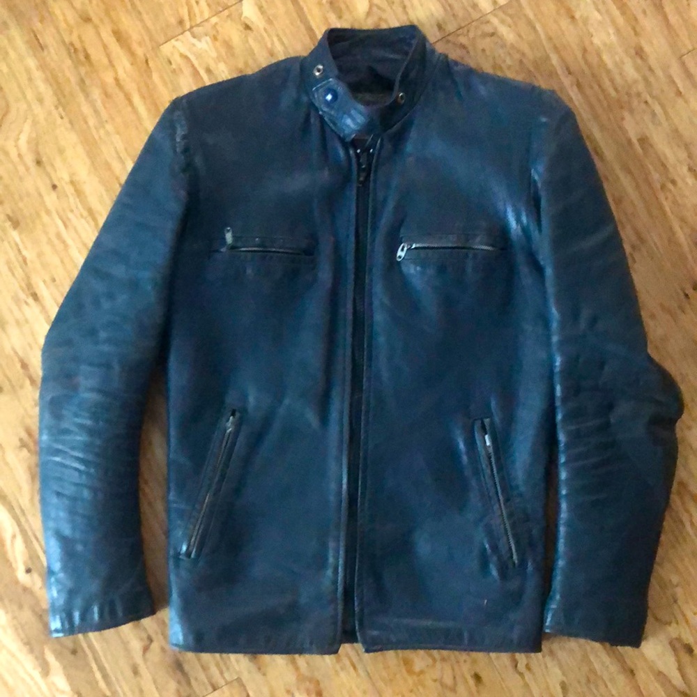 Leather Motorcycle Jacket / British Cycle Leathers / Vintage / Navy / Size 34